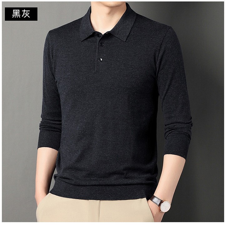跨境薄款针织羊毛衫春秋季男士翻领长袖polo衫纯色休闲毛衣打底衫