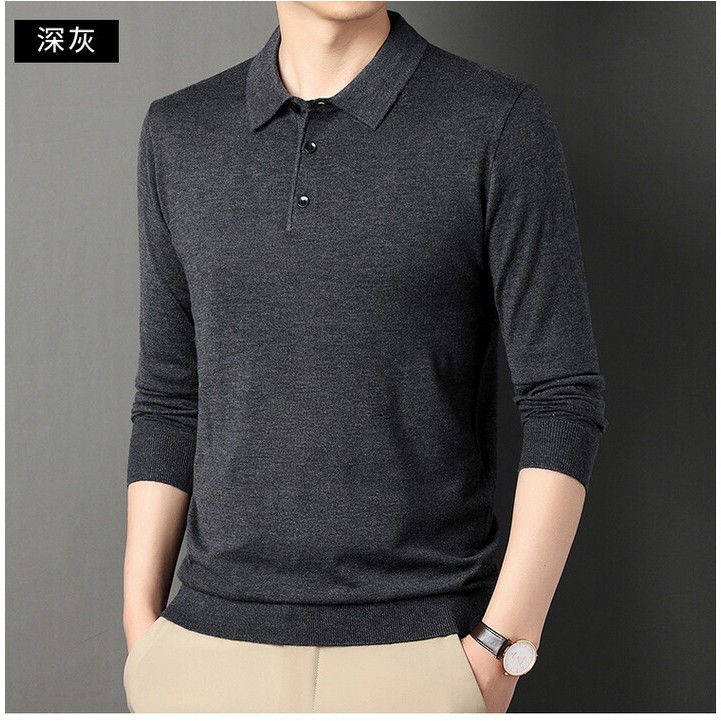 跨境薄款针织羊毛衫春秋季男士翻领长袖polo衫纯色休闲毛衣打底衫