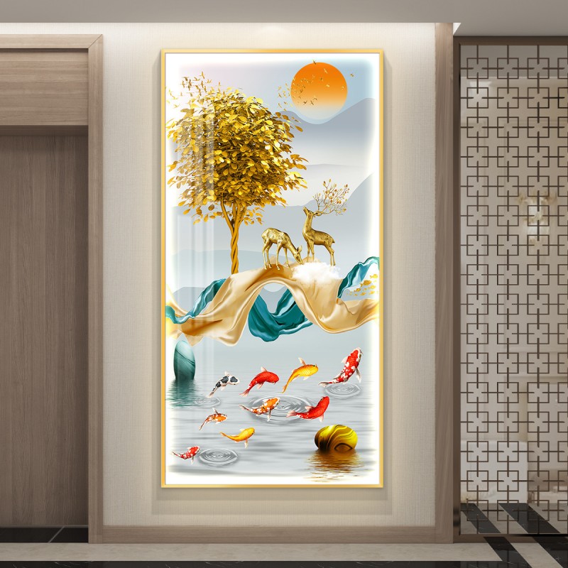 九鱼图入户玄关装饰画灯光画鲤鱼莲花画高级感客厅过道背景墙挂画