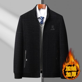 中老年男士秋冬装棉服加绒毛呢上衣爸爸装保暖呢子外套短款棉衣