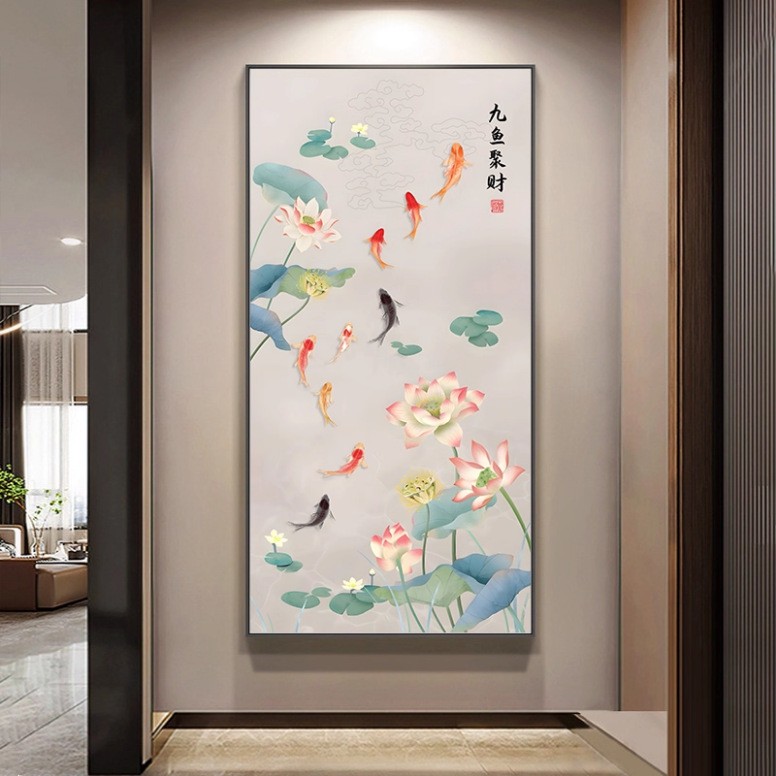 新中式荷花九鱼图玄关挂画入户正对门招财装饰画走廊过道高级壁画