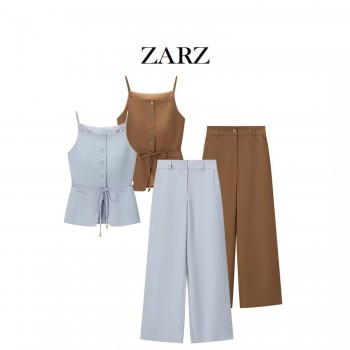 ZARZ 自制 欧美风 新款女装 洋气时髦串珠饰腰带背心高腰直筒裤