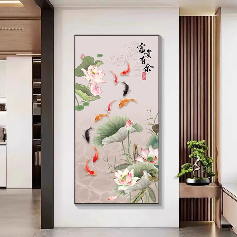 新中式荷花九鱼图玄关挂画入户正对门招财装饰画走廊过道高级壁画