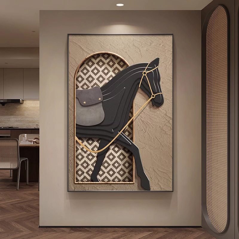 中古风玄关装饰画美拉德法式沙发背景墙挂画马到成功客厅落地壁画