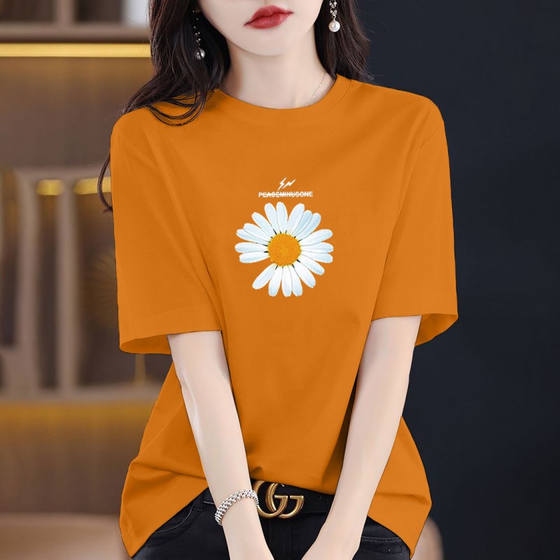 夏季新款100%纯棉短袖t恤休闲百搭大码圆领印花上衣宽松遮肉减龄T