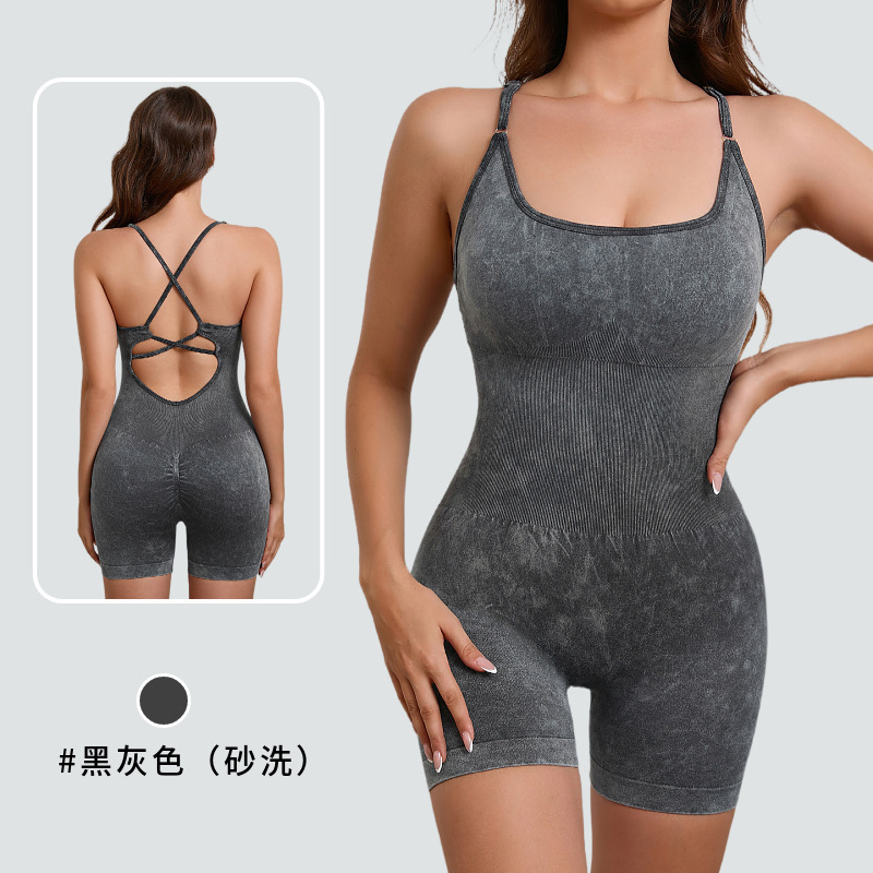 20颜色欧美春夏裸感瑜伽吊带连体服女高强度健身运动连体紧身衣