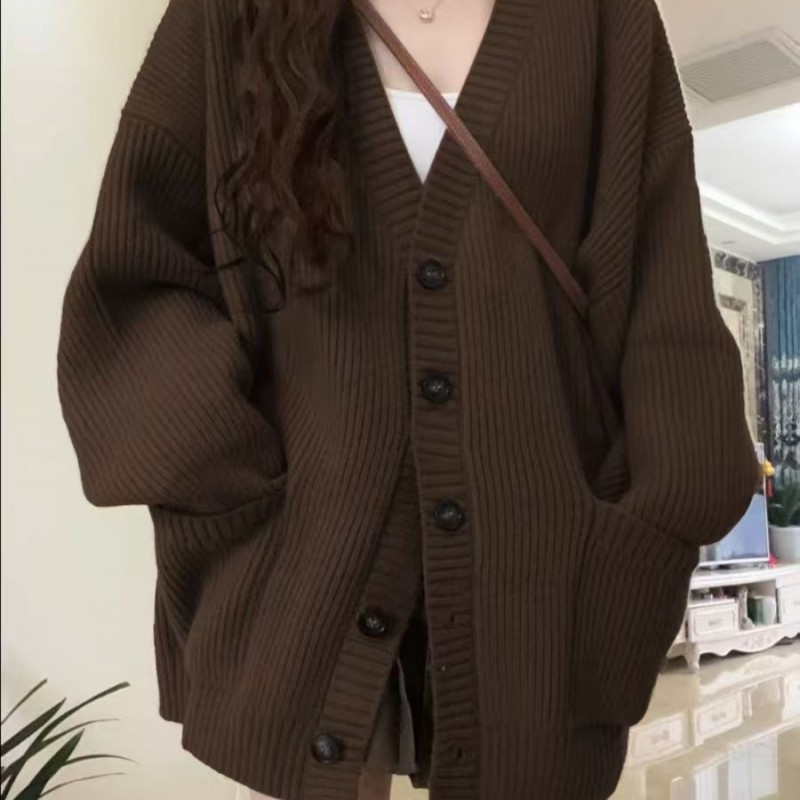 韩版V领慵懒风开衫2026新款日系简约毛衣女春秋冬休闲宽松针织衫