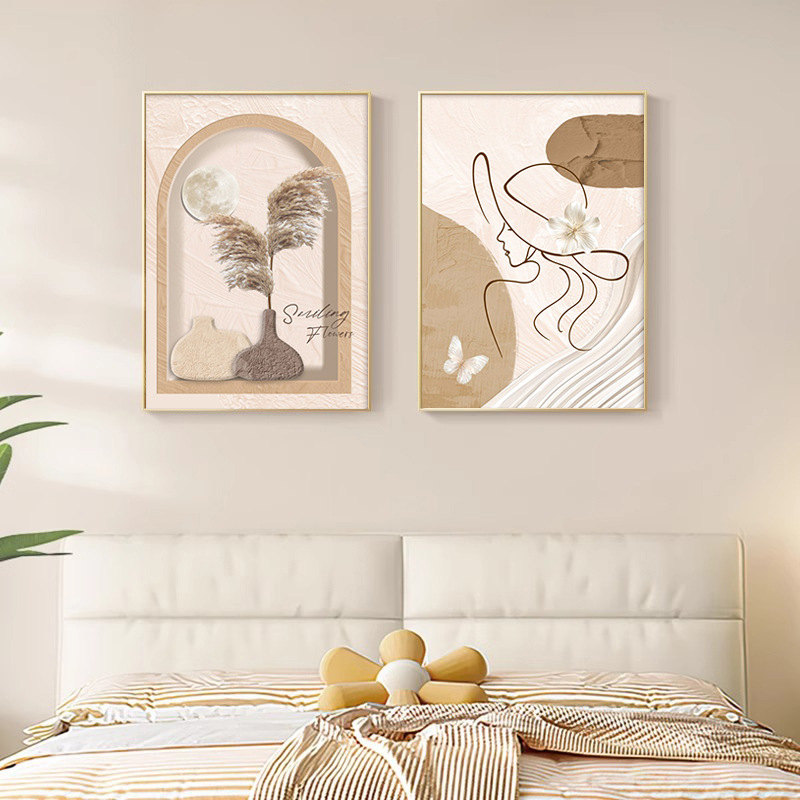 简约现代卧室床头装饰画原木奶油风客厅壁画抽象线条人物挂画双联