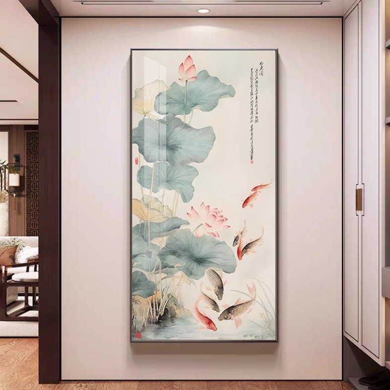 新中式荷花九鱼图玄关挂画入户正对门招财装饰画走廊过道高级壁画