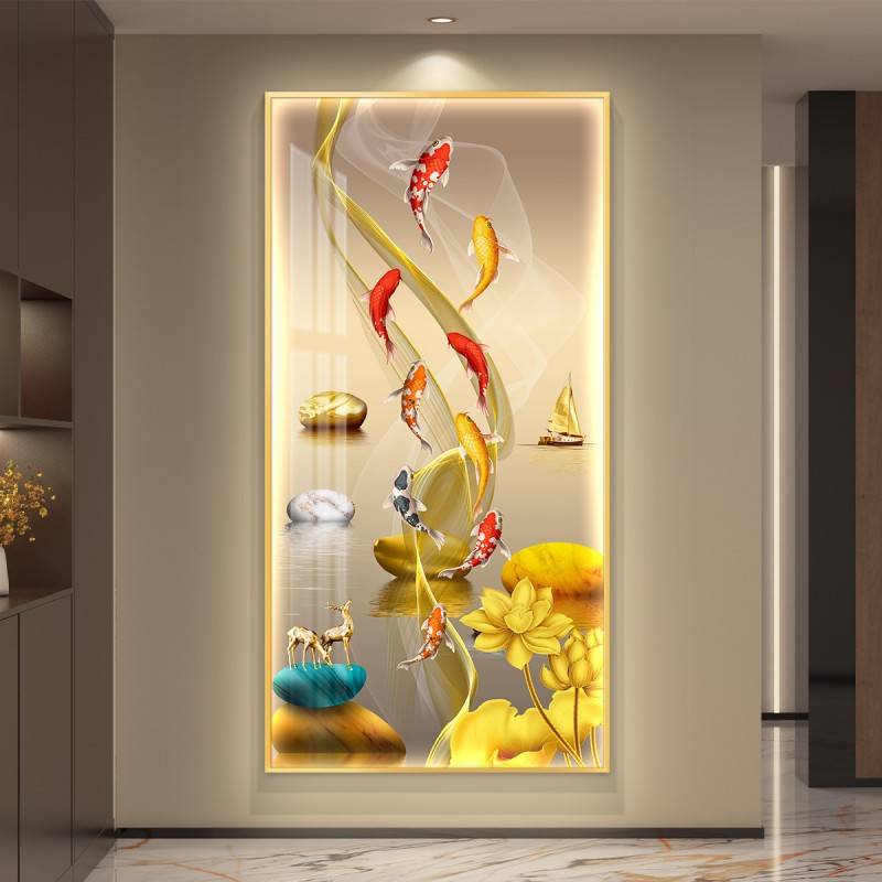 九鱼图入户玄关装饰画灯光画鲤鱼莲花画高级感客厅过道背景墙挂画