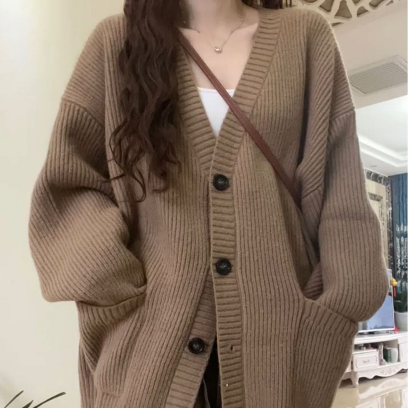 韩版V领慵懒风开衫2026新款日系简约毛衣女春秋冬休闲宽松针织衫