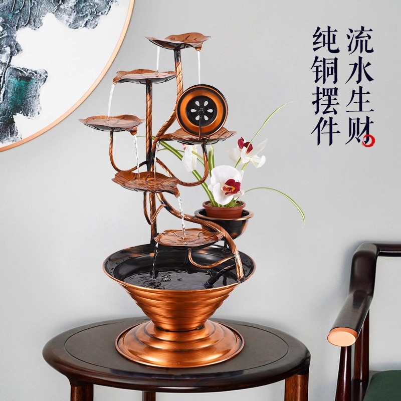 纯铜摇钱树流水生财摆件室内客厅玄关水景桌面店铺创意风水轮景观