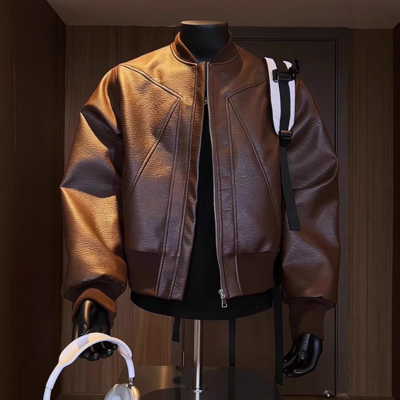 港风复古机车服男秋季痞帅时尚穿搭vintage棒球领pu皮衣夹克外套