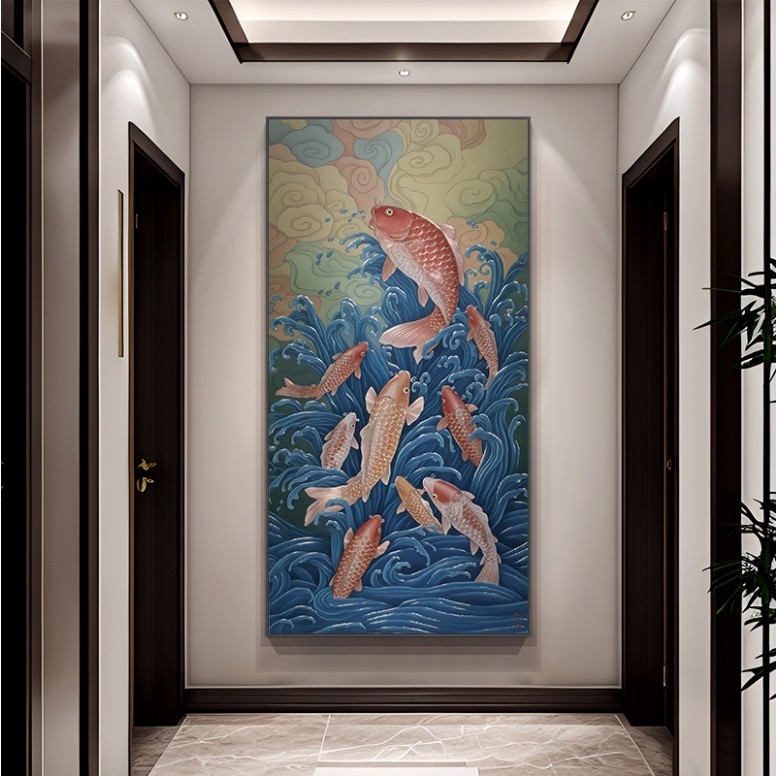 新中式荷花九鱼图玄关挂画入户正对门招财装饰画走廊过道高级壁画