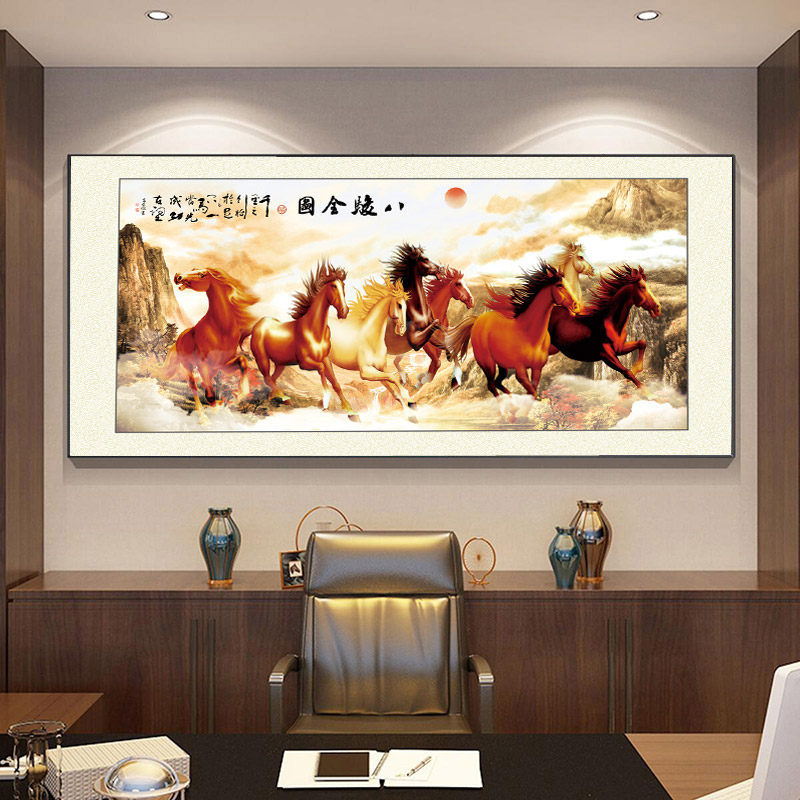 八骏图客厅挂画国画办公室沙发背景万马奔腾装饰画骏马图壁画