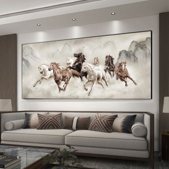 八骏图客厅挂画国画办公室沙发背景万马奔腾装饰画骏马图壁画