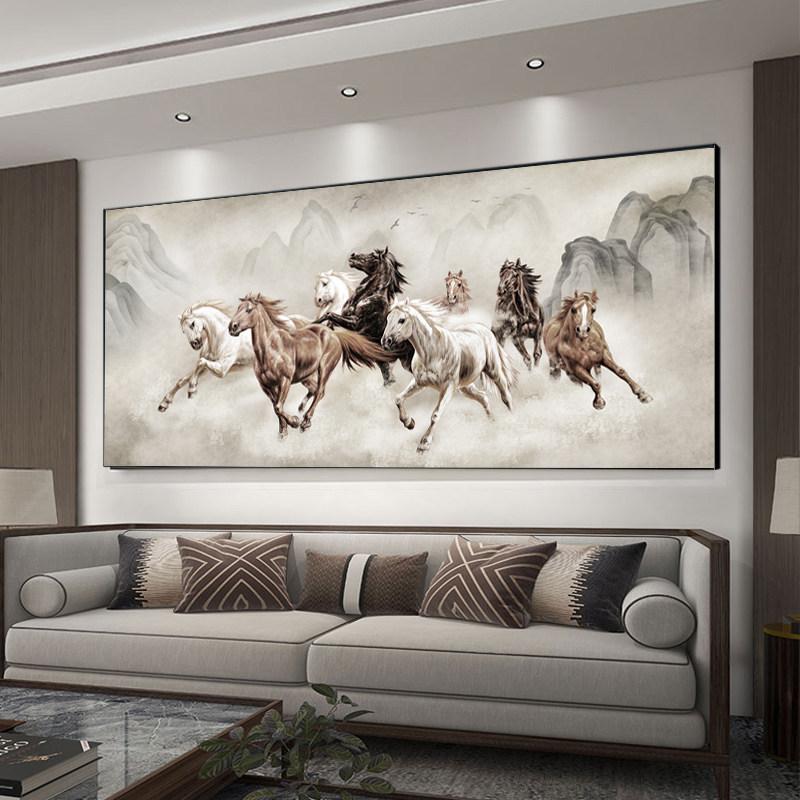 八骏图客厅挂画国画办公室沙发背景万马奔腾装饰画骏马图壁画