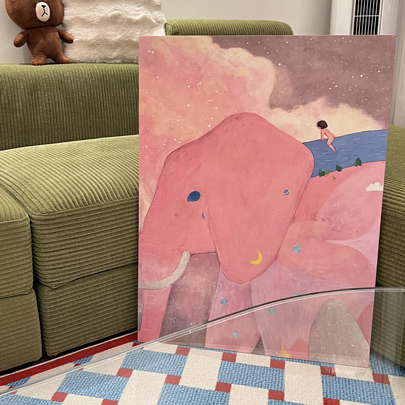治愈系粉色大象客厅装饰画卡通落地画多巴胺玄关挂画小众艺术壁画