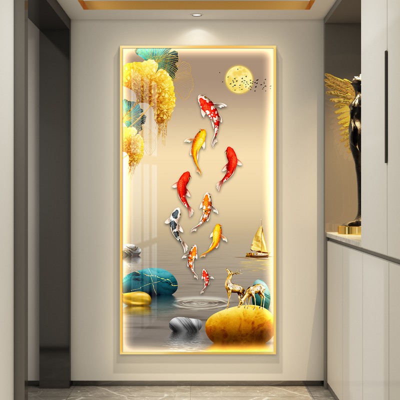 九鱼图入户玄关装饰画灯光画鲤鱼莲花画高级感客厅过道背景墙挂画