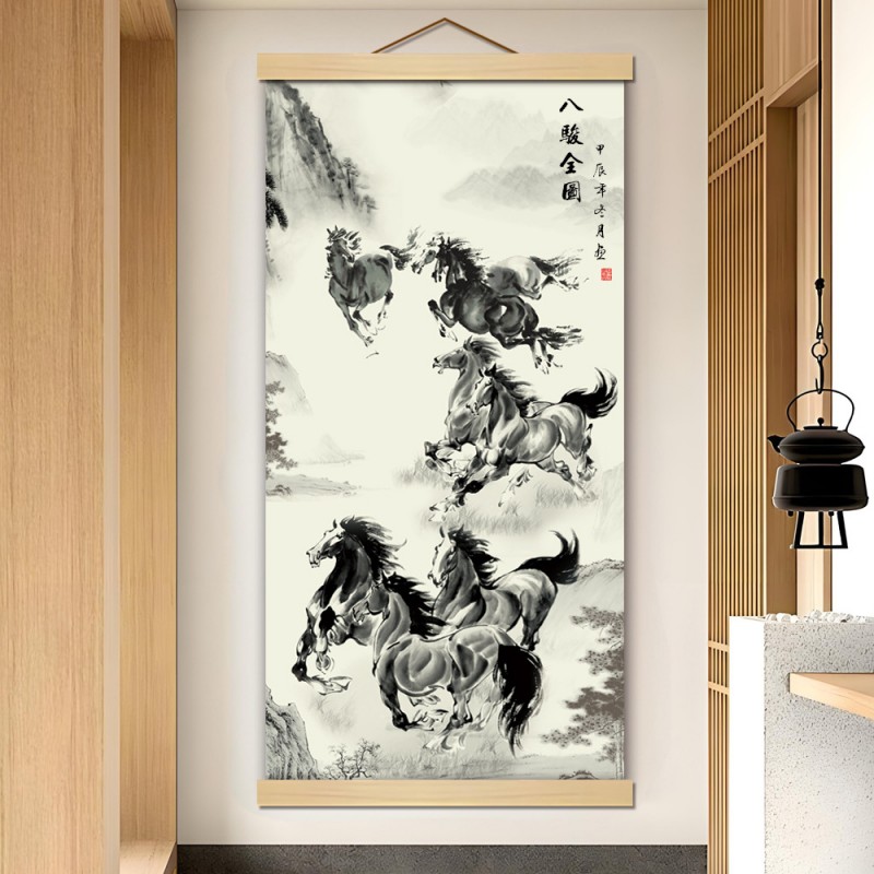 M14八骏图骏马图马到成功卷轴挂画书房客厅宿舍办公室励志装饰画
