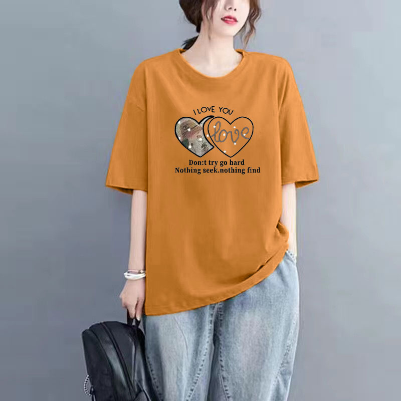 短袖恤女夏季新款时尚潮流百搭短袖宽松显瘦圆领纯棉休闲印花上衣