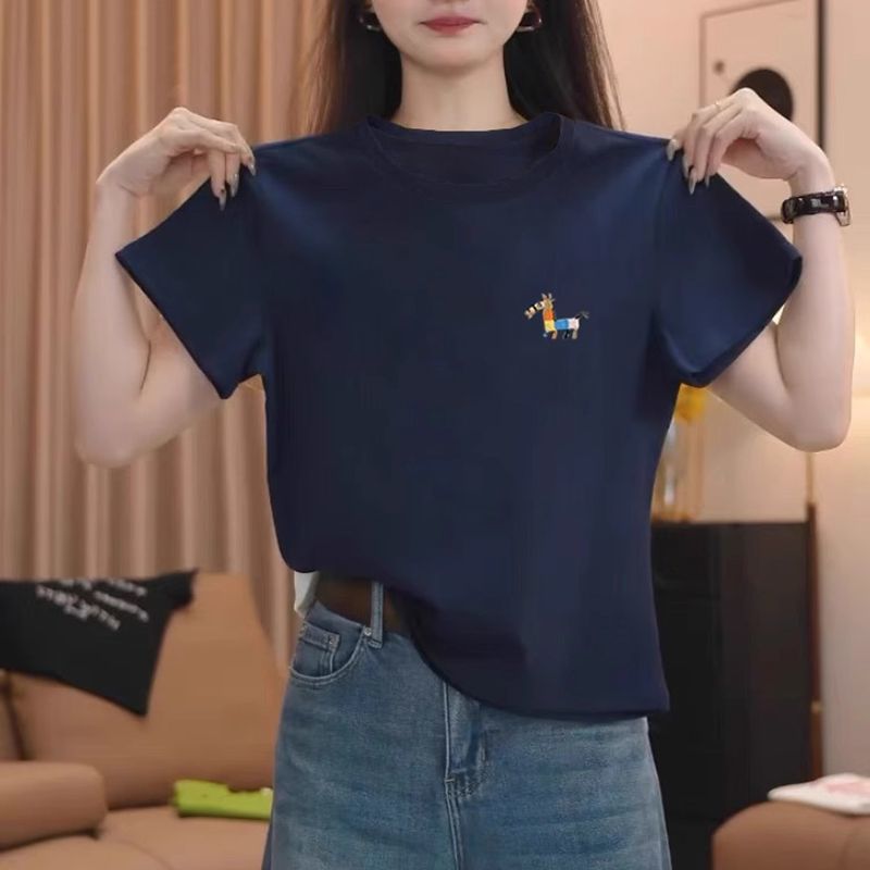 2026新款夏季正肩纯棉短袖t恤女时尚百搭洋气藏青色上衣打底衫
