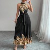 欧美跨境女装2026夏优雅挂脖系带收腰花卉印花百褶长款大摆连衣裙