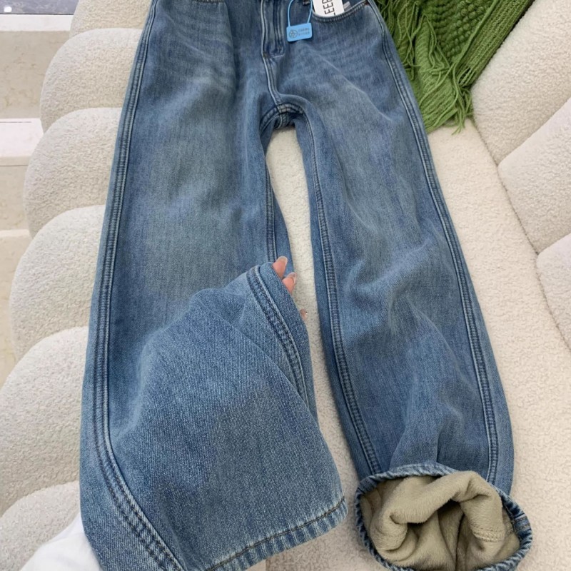 加绒加厚窄版阔腿牛仔裤女2025秋冬新款胖mm宽松高腰显瘦阔腿裤子