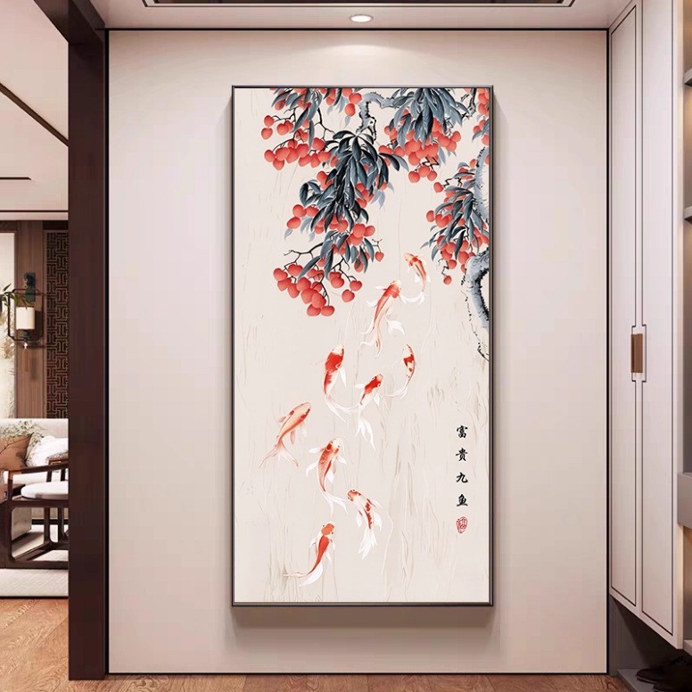 新中式荷花九鱼图玄关挂画入户正对门招财装饰画走廊过道高级壁画