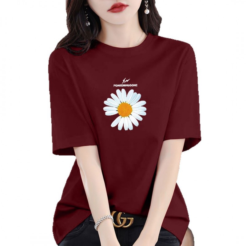 夏季新款100%纯棉短袖t恤休闲百搭大码圆领印花上衣宽松遮肉减龄T