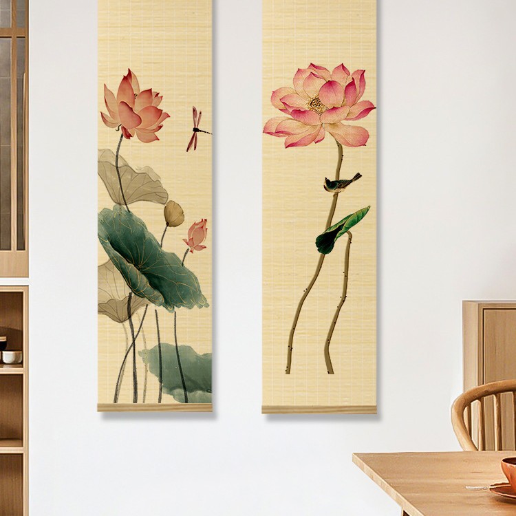 新中式客厅装饰画禅意茶室印花竹帘挂画书房背景卷轴书法荷花挂画