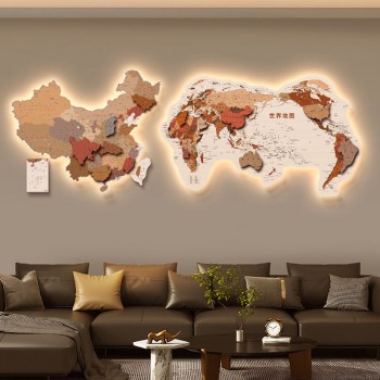双层中国世界地图发光拼接挂画客厅装饰画LED带灯立体办公室壁画