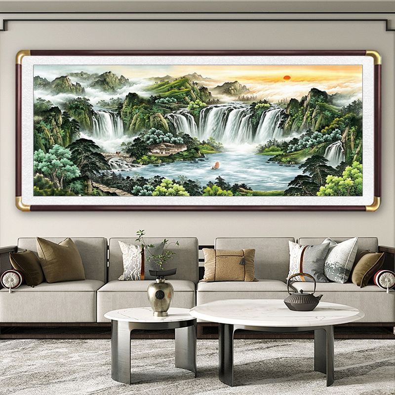 山水国画旭日东升聚宝盆挂画客厅装饰靠山图老板办公室背景墙字画