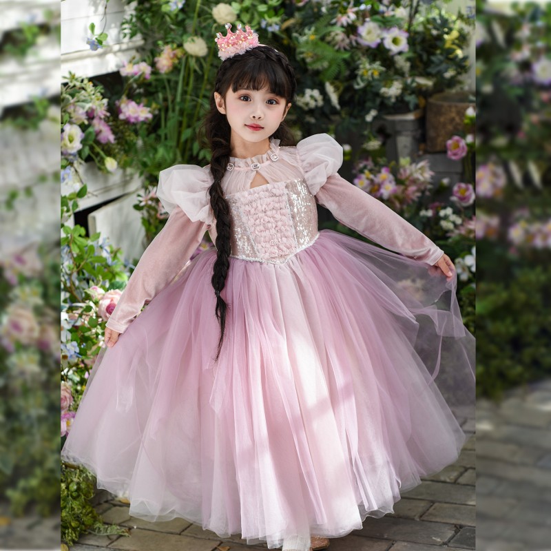 女童春秋乐佩公主裙2026新款甜美丝绒毛球披肩儿童加绒生日礼服裙