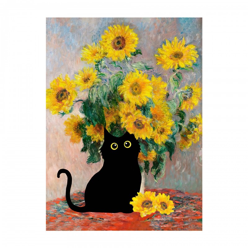 黑猫向日葵松木内框装饰画客厅卧室复古油画风艺术帆布画挂画壁画