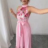 欧美跨境女装2026夏优雅挂脖系带收腰花卉印花百褶长款大摆连衣裙