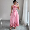 欧美跨境女装2026夏优雅挂脖系带收腰花卉印花百褶长款大摆连衣裙