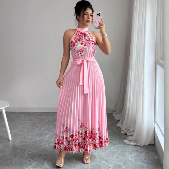 欧美跨境女装2026夏优雅挂脖系带收腰花卉印花百褶长款大摆连衣裙
