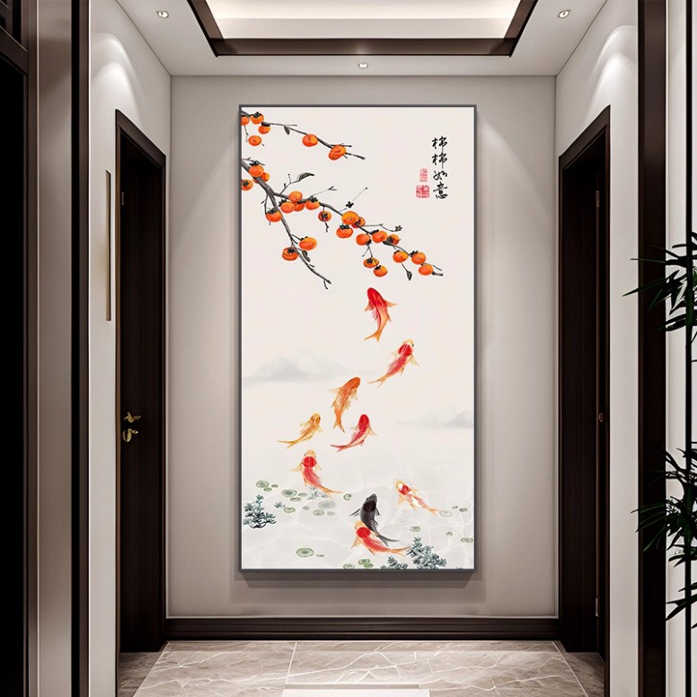 新中式荷花九鱼图玄关挂画入户正对门招财装饰画走廊过道高级壁画