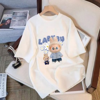 拉布布印花短袖t恤女100%纯棉宽松显瘦遮肚子夏季新款设计感上衣