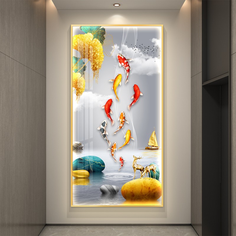 九鱼图入户玄关装饰画灯光画鲤鱼莲花画高级感客厅过道背景墙挂画