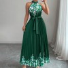 欧美跨境女装2026夏优雅挂脖系带收腰花卉印花百褶长款大摆连衣裙