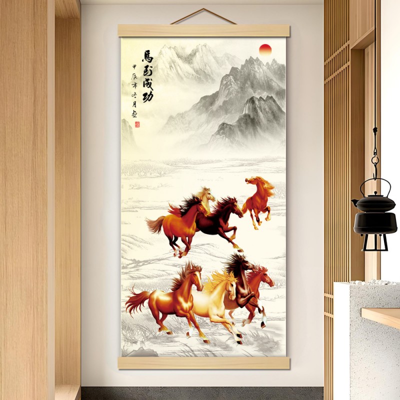 M14八骏图骏马图马到成功卷轴挂画书房客厅宿舍办公室励志装饰画