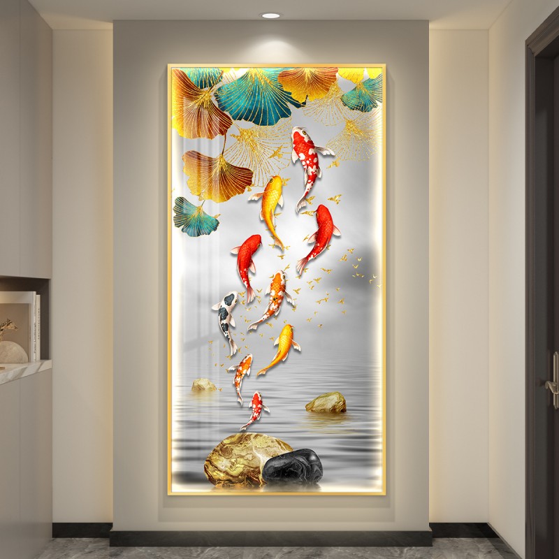 九鱼图入户玄关装饰画灯光画鲤鱼莲花画高级感客厅过道背景墙挂画