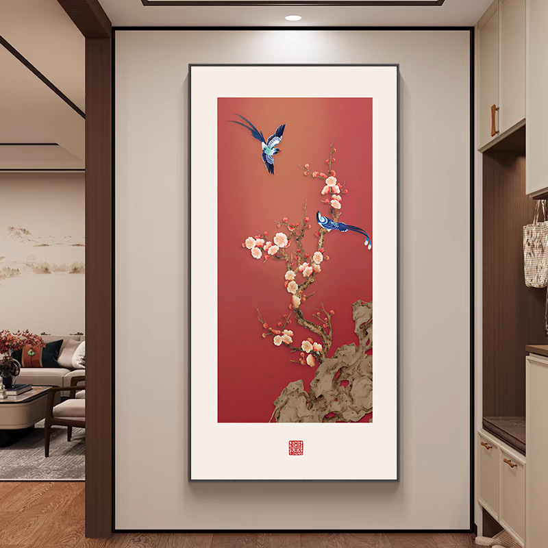 新中式荷花九鱼图玄关挂画入户正对门招财装饰画走廊过道高级壁画