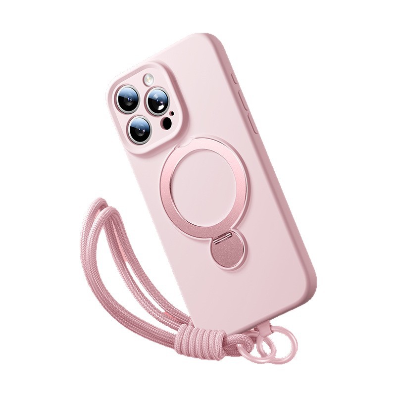 适用iPhone16ProMax/15Pro挂绳液态硅胶磁吸防摔360°支架手机壳