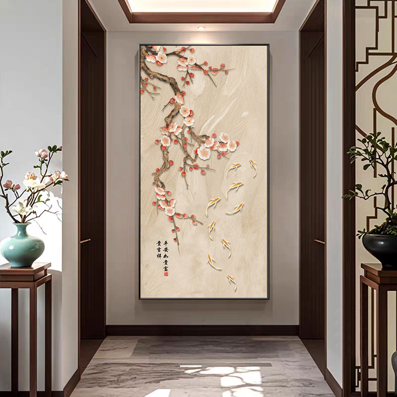 新中式荷花九鱼图玄关挂画入户正对门招财装饰画走廊过道高级壁画