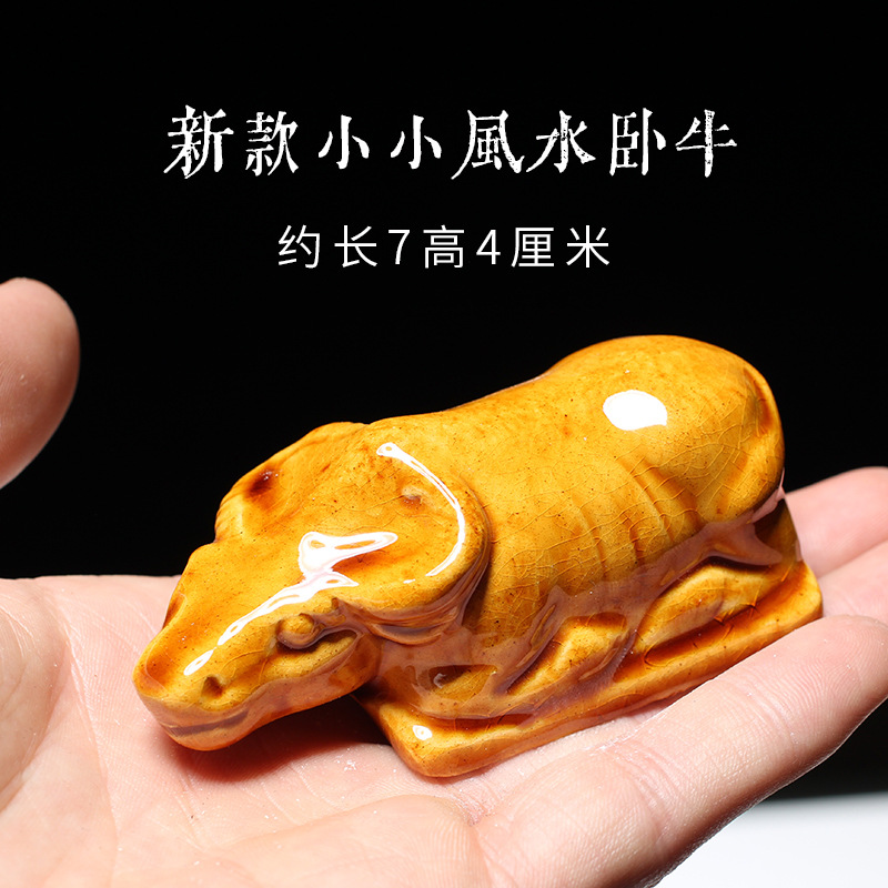 唐三彩陶瓷卧牛摆件风水家居博古架茶台卫生间客厅生肖瓷牛工艺品