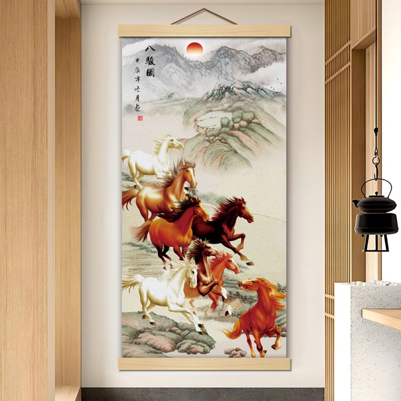 M14八骏图骏马图马到成功卷轴挂画书房客厅宿舍办公室励志装饰画