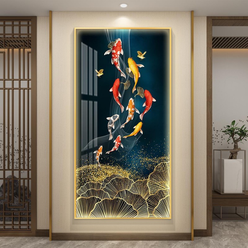 九鱼图入户玄关装饰画灯光画鲤鱼莲花画高级感客厅过道背景墙挂画